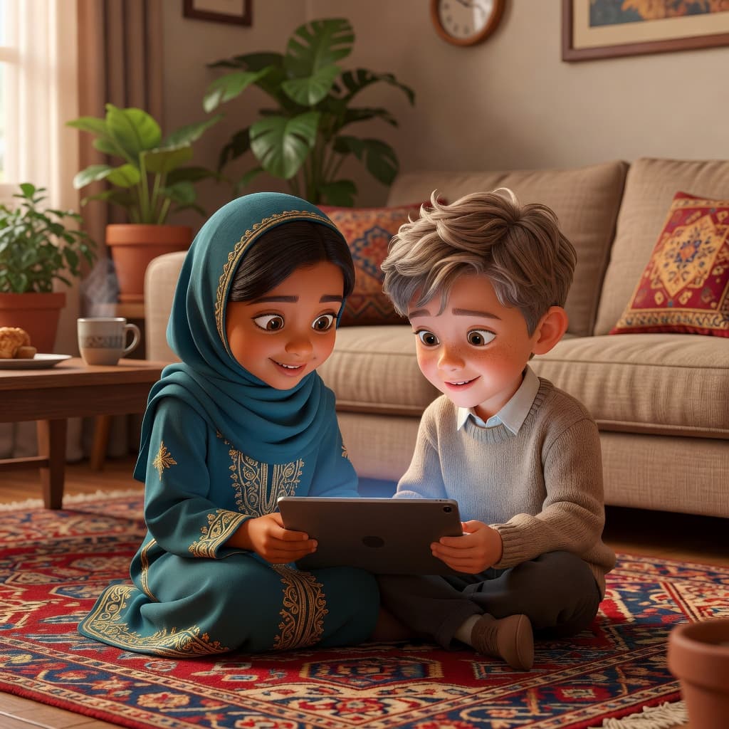 Two young children playing with a tablet together on a rug
