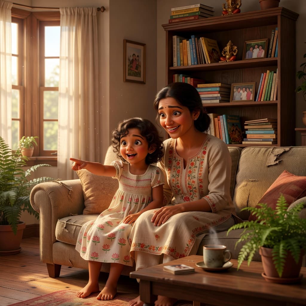 A mother and daughter sitting together on a sofa, smiling
