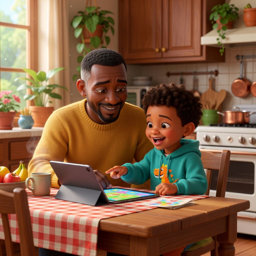 A father and son sitting at a table, working on an activity together